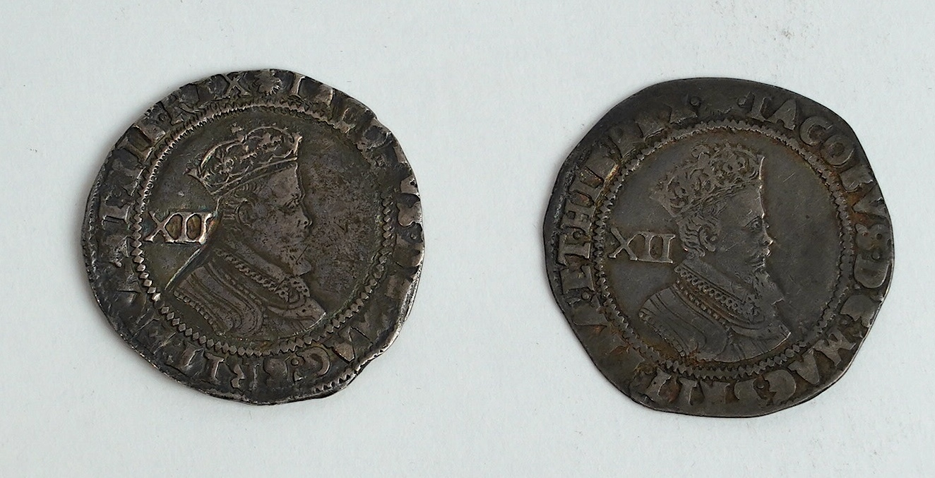 British hammered silver coins, James I, shilling (S2646), mm. escallop, c.1606-7, fine or better, and shilling (S2646), mm. possibly grapes, c.1607, fine or better (2)